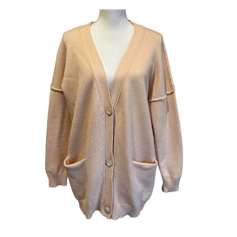 Women's L Deep V Neck Button Down Ribbed Cardigan Knitted Sweater Apricot